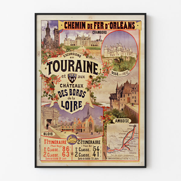 Vintage-Poster Touraine, Schlösser der Loire, in einem feinen Rahmen an einer hellen Wand präsentiert.