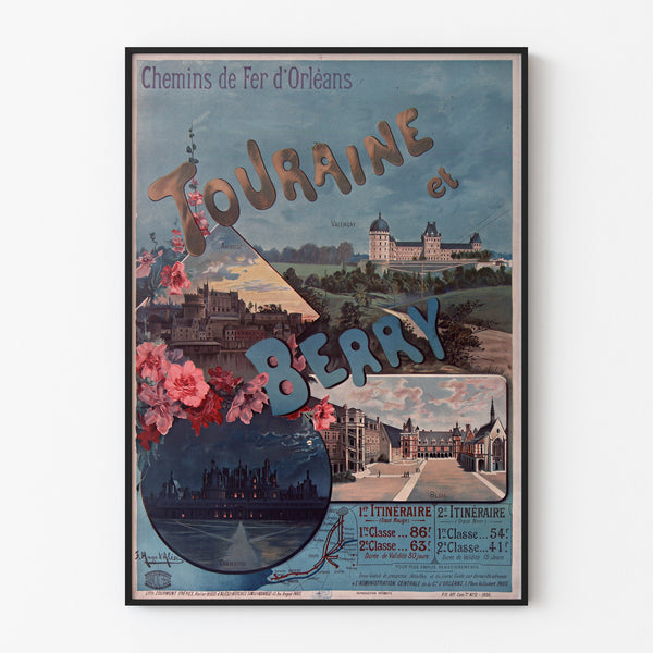 Vintage-Poster Touraine und Berry, Schlösser, in einem feinen Rahmen an einer hellen Wand präsentiert.