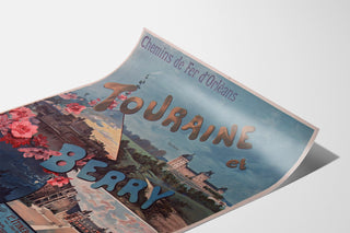 Vintage-Poster Touraine et Berry, Schlösser, auf einer gebogenen Bogenfläche präsentiert, perspektivische Ansicht.