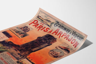 Vintage-Plakat Tramway Paris-Arpajon, auf einer leicht gewölbten Papierbahn in Perspektive präsentiert.