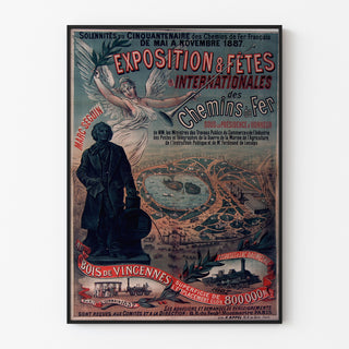 Vintage-Plakat Vincennes, fünfzigjähriges Eisenbahn-Jubiläum, in einem dünnen Rahmen an einer hellen Wand.