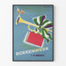 Vintage Dekorationsposter Boekenweek mit Trompete und rotem Buch