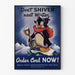 Vintage-Wandposter-Dekoration 'Don't Shiver Next Winter' mit Pinguin und Kohle