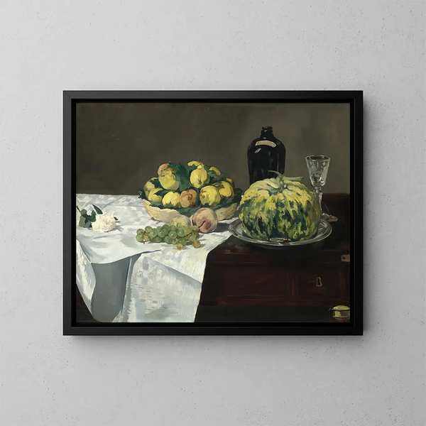 Stillleben mit einer Melone und Pfirsichen - Édouard Manet — gerahmtes Bild an der Wand