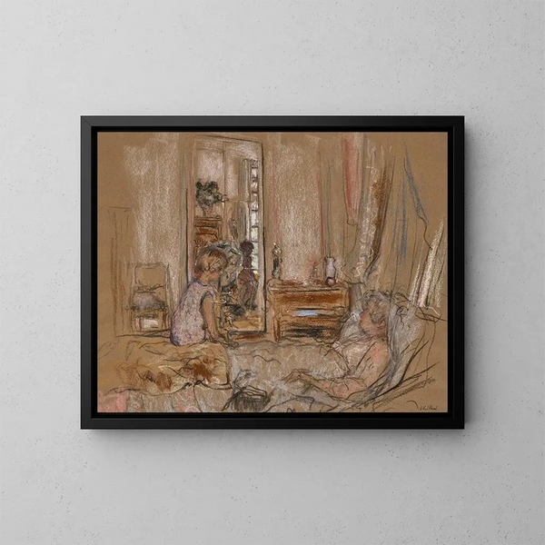 Lulu am Bett von Madame Hessel auf dem Château des Clayes - Édouard Vuillard — gerahmtes Bild an der Wand