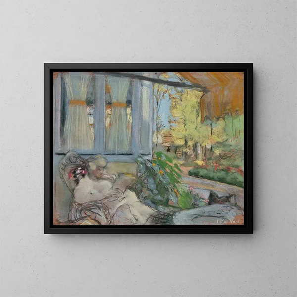 Madame Hessel liest auf der Terrasse des Clos Cézanne - Édouard Vuillard — gerahmtes Bild an der Wand