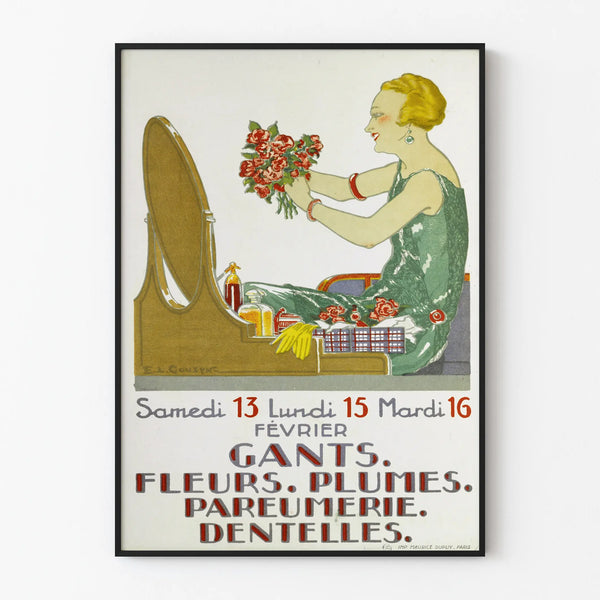 Vintage-Poster Wanddekoration Handschuhe, Blumen, Federn, Parfümerie, Spitze