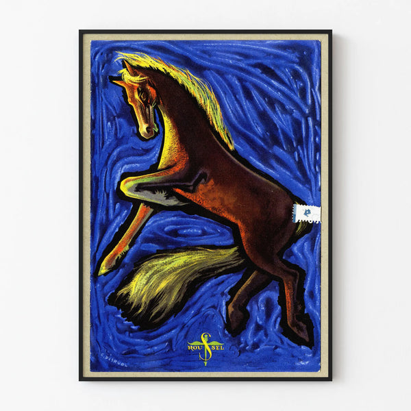 Vintage-Poster mit galoppierendem Pferd auf intensiv blauer Hintergrund