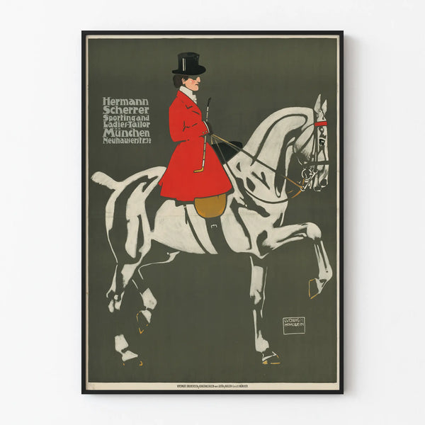 Vintage-Poster von Pferd und Reiter im roten Mantel