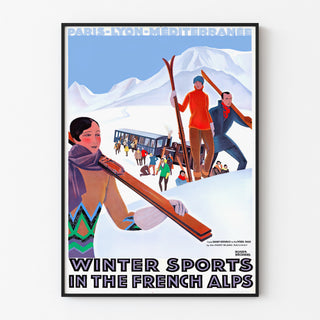 Wintersport in den Alpen | Kunstdruck eines alten Posters auf Englisch — gerahmtes Bild an der Wand