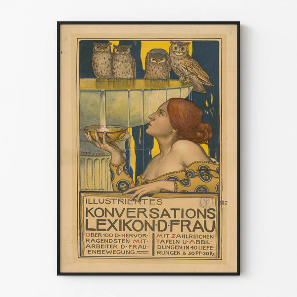 Vintage-Kunstposter mit Frau und Eulen zur Wanddekoration