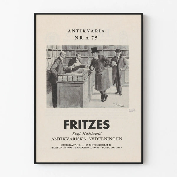 Vintage-Poster einer alten Buchhandlung – Bücherszene mit Kunden