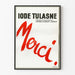 Werbeplakat Iode Tulasne Danke in roter Schrift