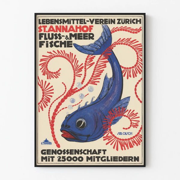 Vintage-Poster mit blauer Fisch- und rotem Algen-Motiv für Wanddekoration
