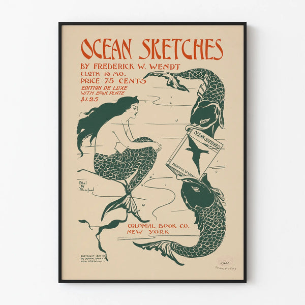 Vintage-Poster Ocean Sketches – Illustration von Meerjungfrau und Fischen