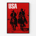 Dekoratives Poster USA Cowboys in schwarzer Silhouette auf rotem Hintergrund